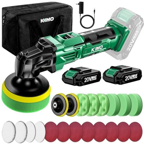 KIMO 20V Cordless Car Buffer 4 INCH w/ 2 Batteries-25 Accessories Green
