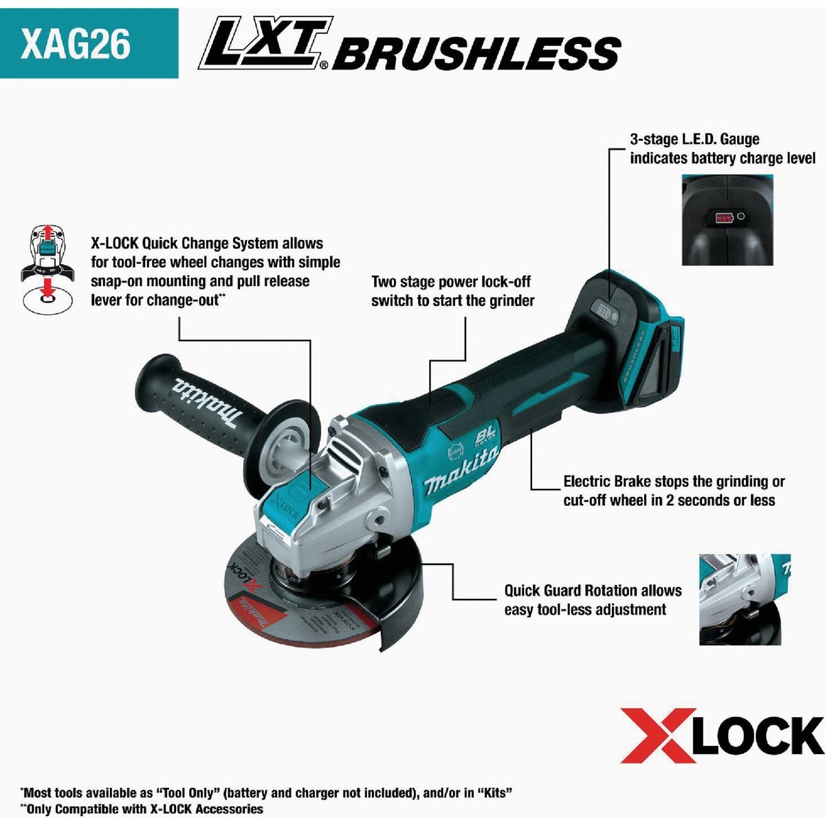 Makita 18v 4-1/2-5 Grinder XAG26Z Makita XAG26Z 088381728874