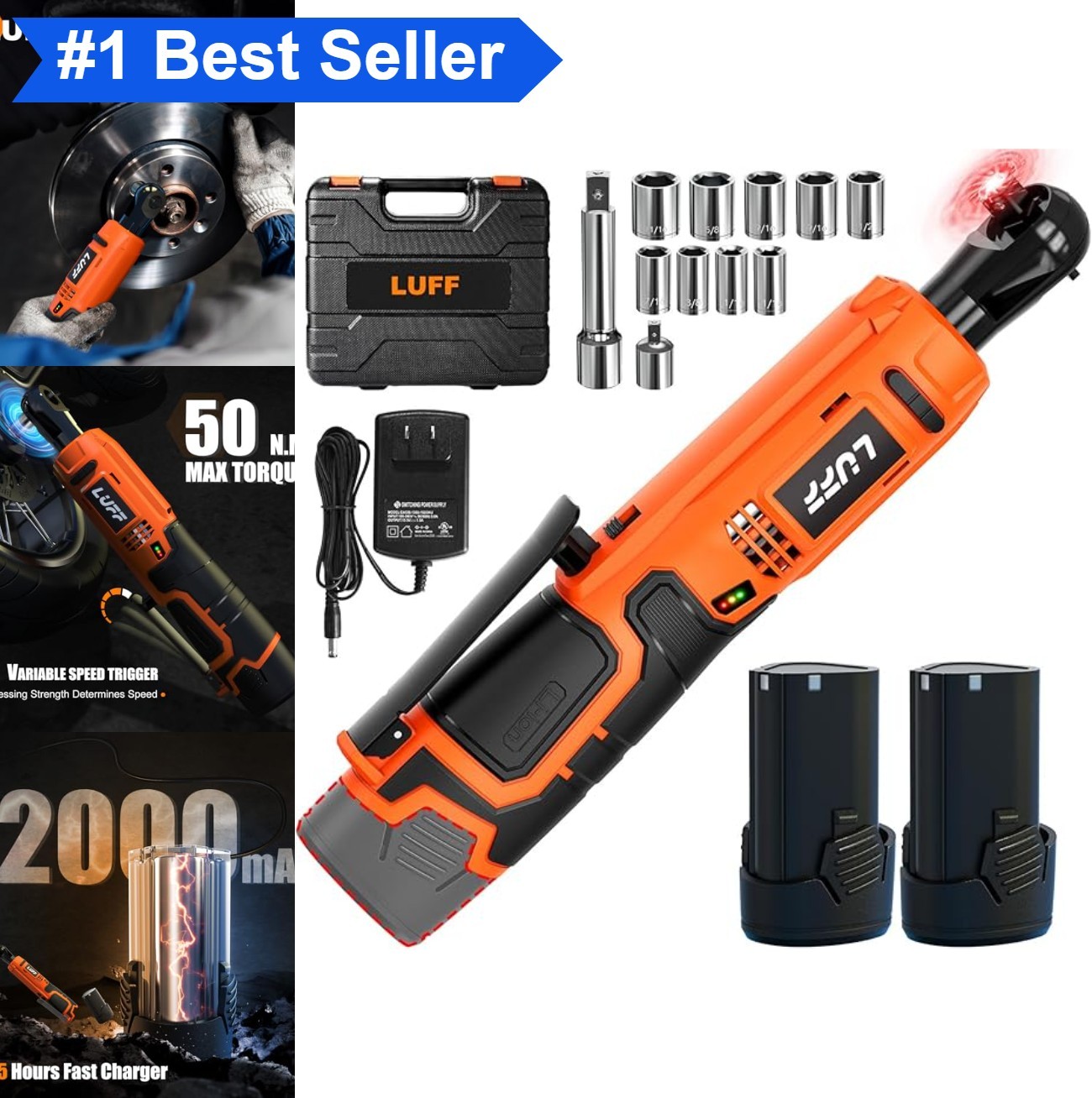Cordless Ratchet Wrench 3/8 Inch 12V 50N.m 2000mAh 2 Batteries Fast Charger