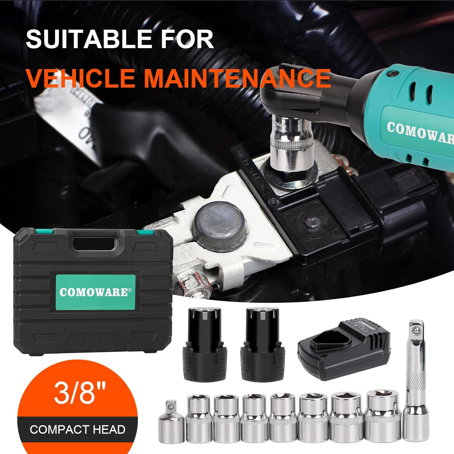 3/8 Cordless Electric Ratchet Wrench Kit, 40Ft-Lbs Torque, 12V Power, 8 Sockets,