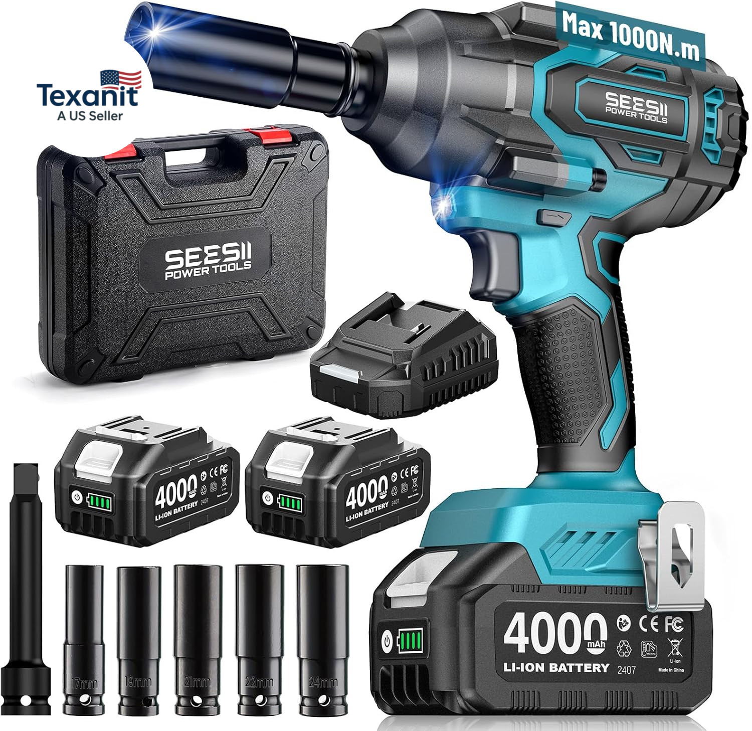 1000N.M (738Ft-Lbs) Cordless Impact Wrench High Torque,1/2&Prime; Brushless Impact Gun