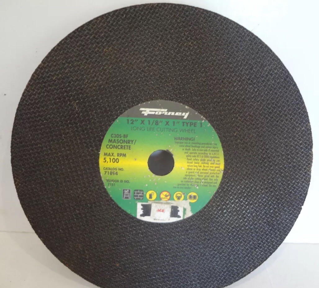 10/PACK Forney 71894 Masonry C20R-BF Cutting Wheel, Type 1, 12&Prime; x 1/8&Prime;, 1&Prime; Arbor