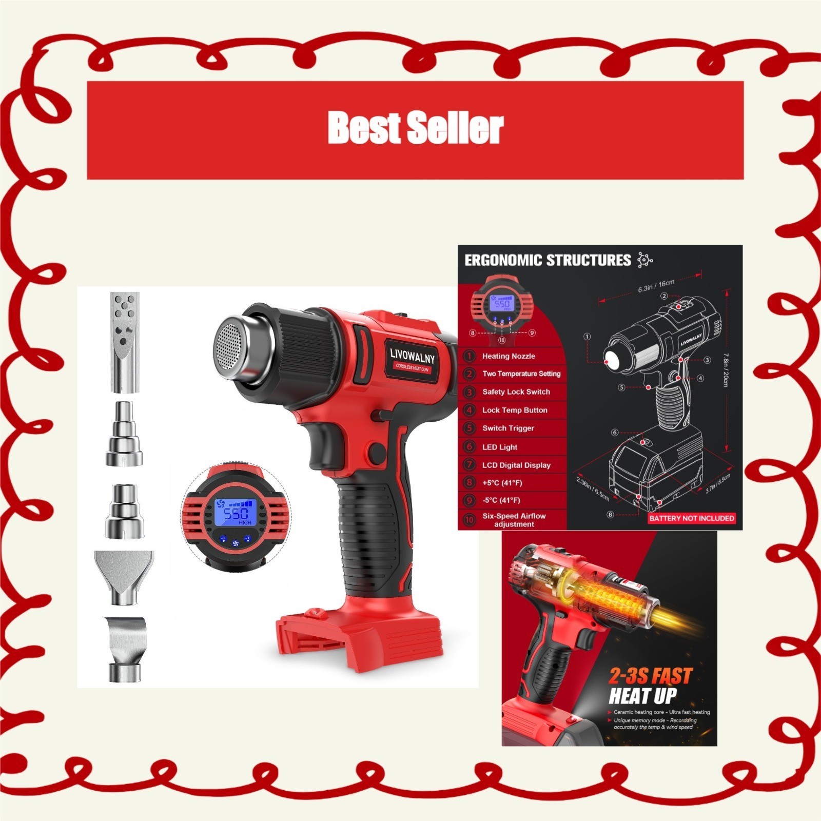 LIVOWALNY Cordless Heat Gun 350W Variable Temp Control 122℉~1202℉