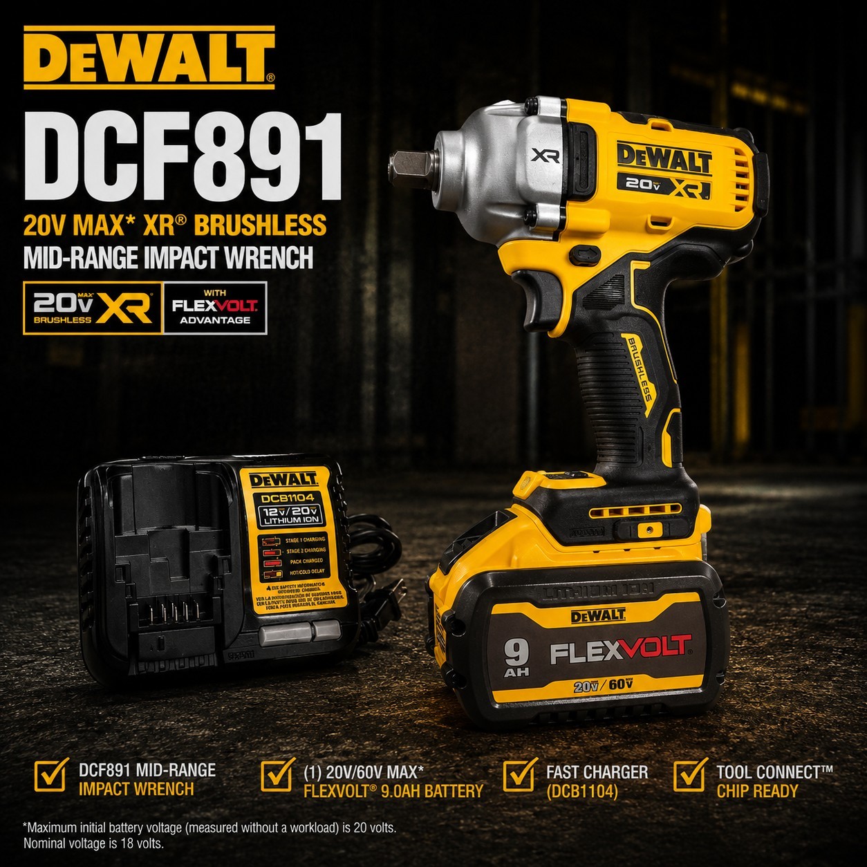 DEWALT DCF891 XR Mid Torque Impact Wrench w/ DCB609 9Ah FlexVolt Battery Charger