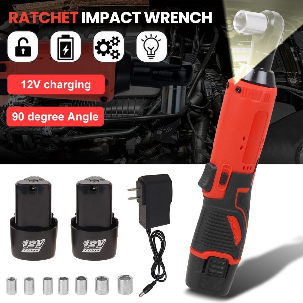 3/8&Prime; Cordless Ratchet Right Angle Wrench Impact Power Tool 2x Battery &7 Socket