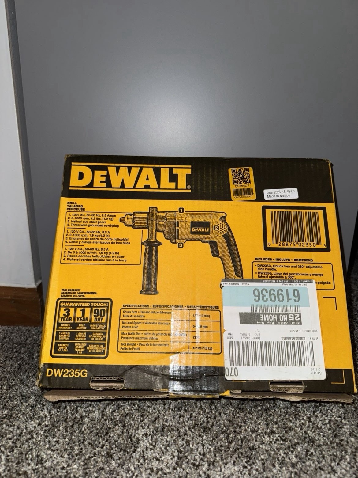DEWALT DW235G 1/2&Prime; Variable Speed Corded Drill Yellow New With Box