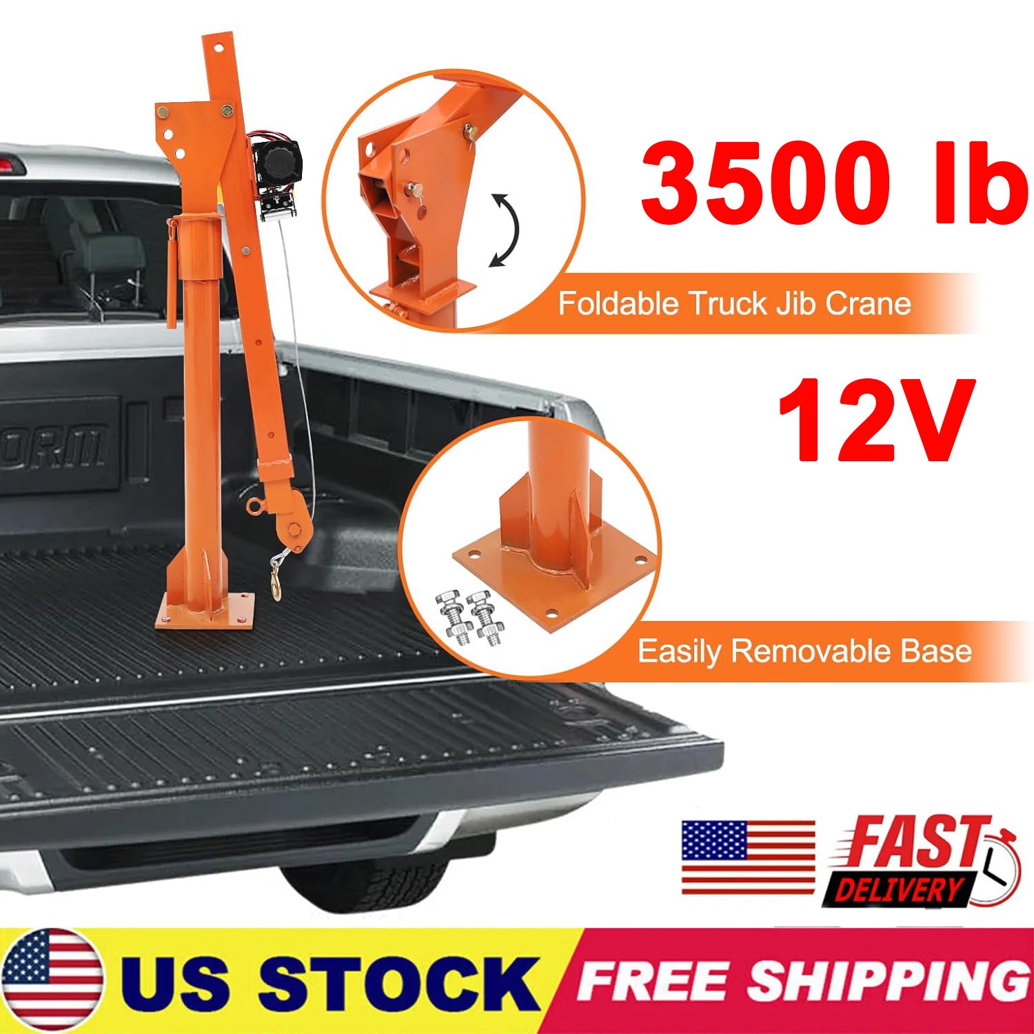 Winch 1100 Lb Folding Truck-Mounted Crane W/ Electric Pickup Winch 3500 Lb 12V