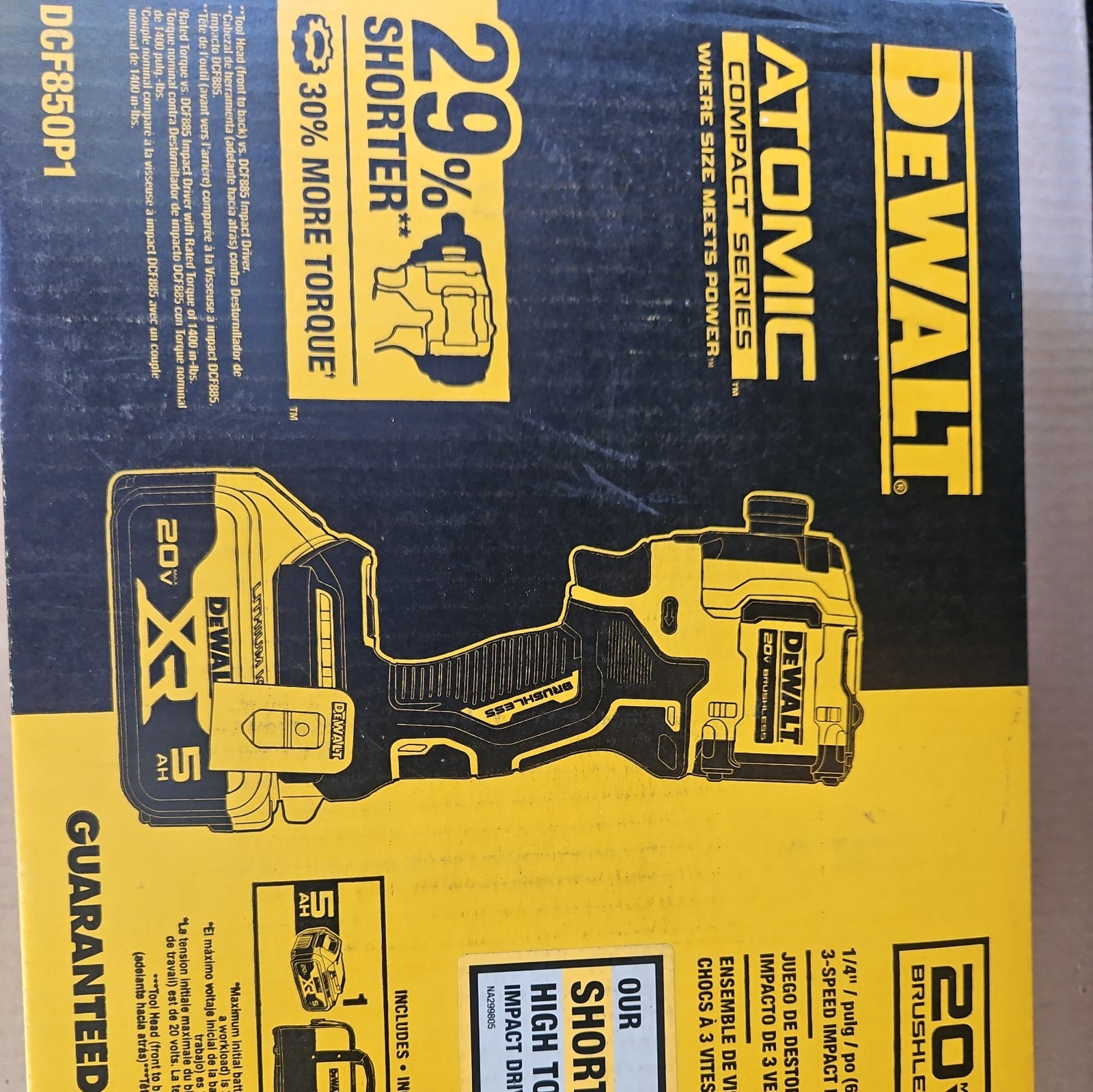 DeWALT Atomic 20V 1/4&Prime; Impact Kit w/ bag, 5Ah Battery & Charger DCF850P1
