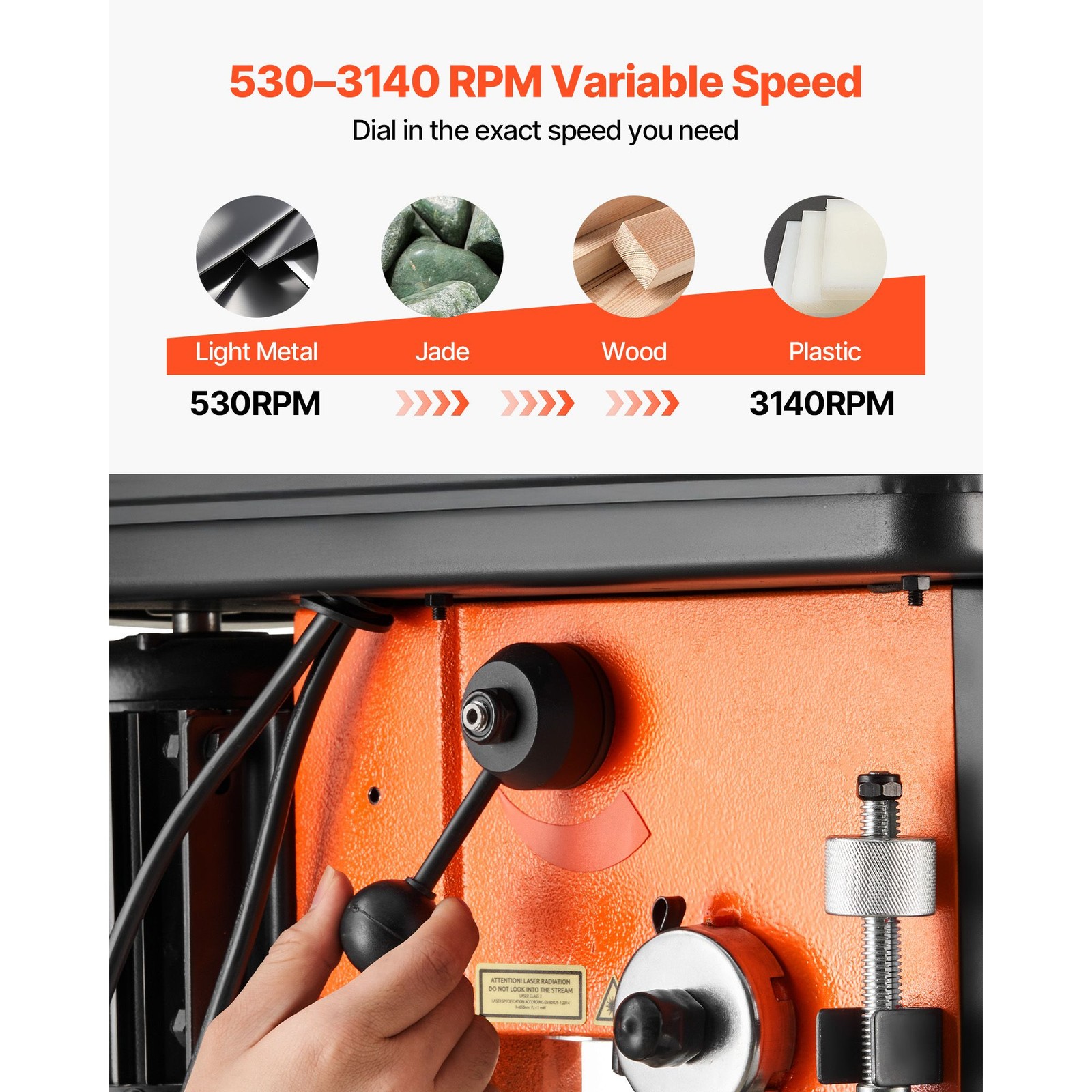 Drill Press 12in, 1HP, Variable Speed 530–3140 RPM, Tilting Table