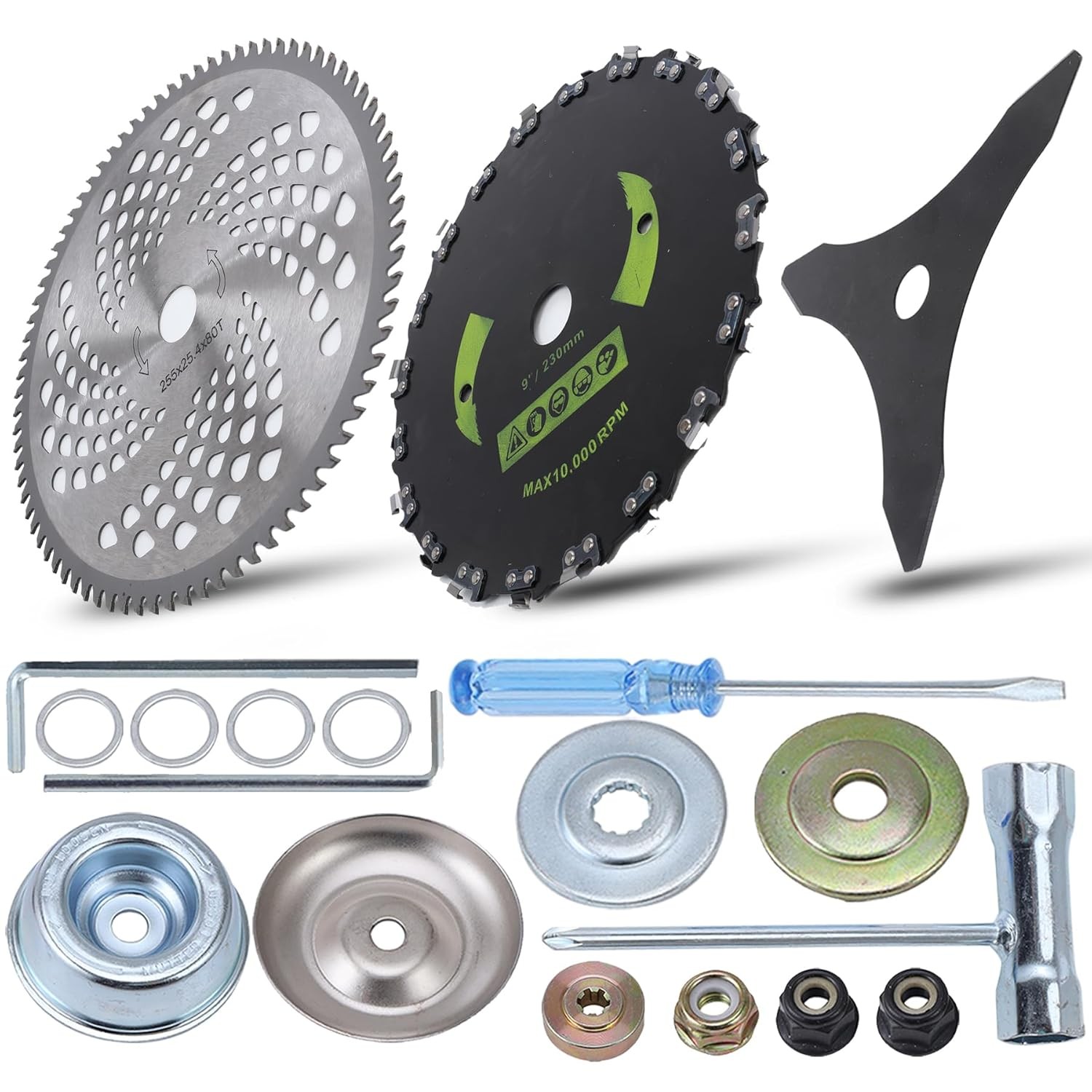 9&Prime; x 20T Chainsaw Tooth Cutter,10&Prime; x 80T Carbide Tip Brush Blades,10&Prime; x 3 Teeth