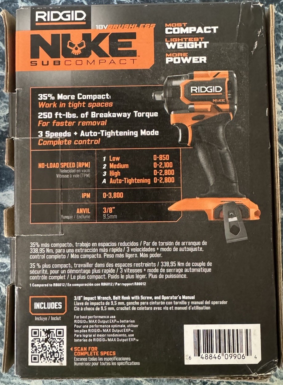 NEW RIDGID 18V Brushless Compact 3/8&Prime; Impact Wrench, 250 ft-lbs RNKSIW01B