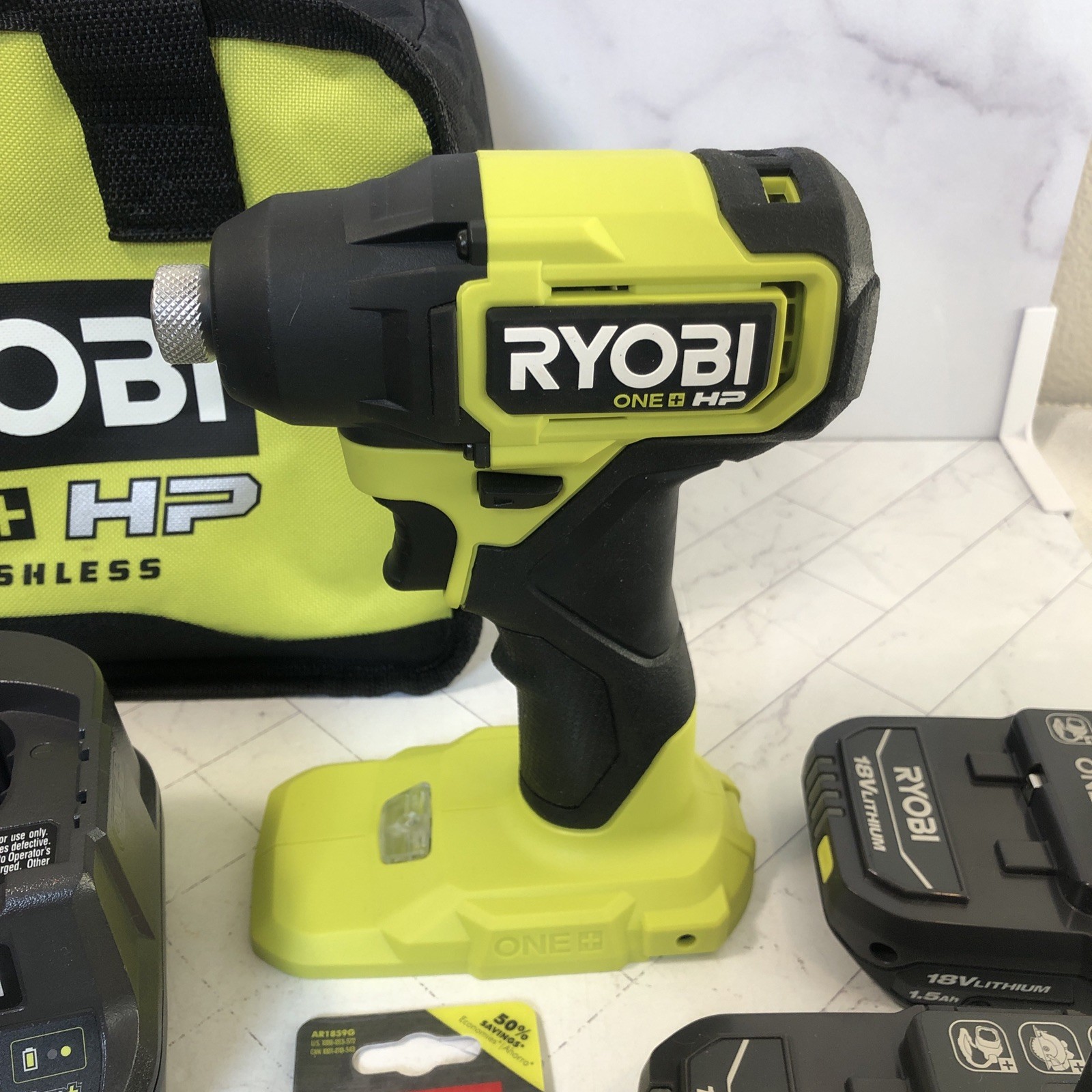 Ryobi One+ HP Brushless Drill Driver w 2 Batteries Charger screw kit BARELY USED