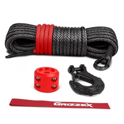 1/4&Prime; x 50ft Synthetic Winch Rope with Forged Hook & Rubber Stopper & Safety