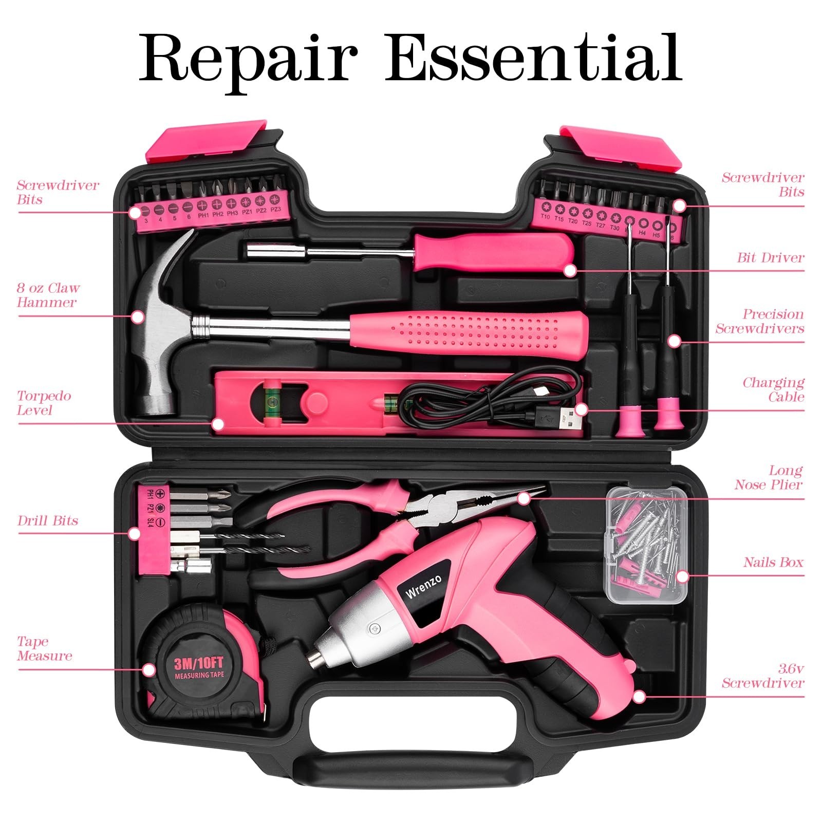 112PCS Pink Cordless Drill Set, 3.6V USB Rechargeable Tools, One-Hand Operation,