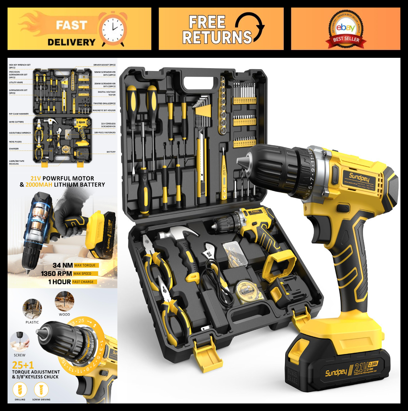 170 Pcs Portable Home Tool Kit Set with 21V Cordless Drill, Wrench, Pliers & Cas