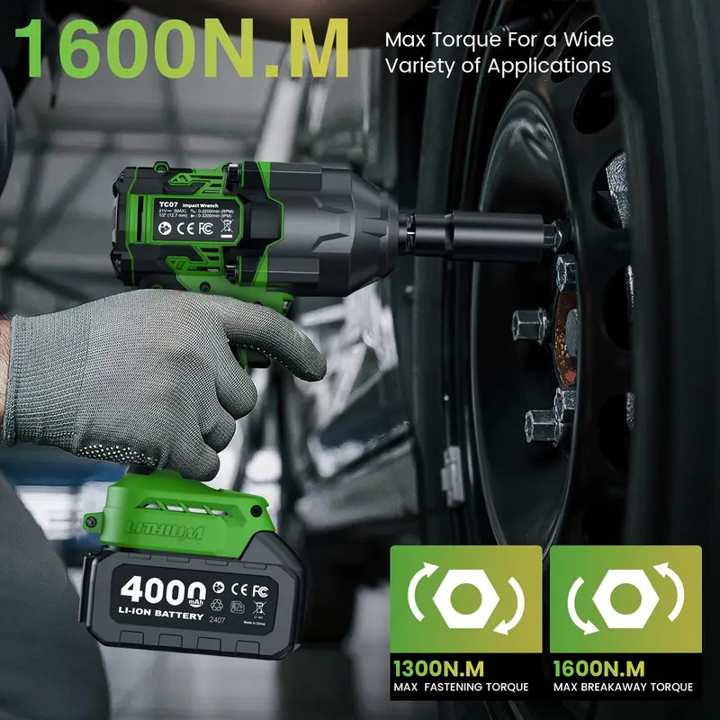 TaskStar Electric Impact Wrench Cordless 1/2&Prime; 1180 Ft-lbs 1600 N.m MAX 2300 RPM