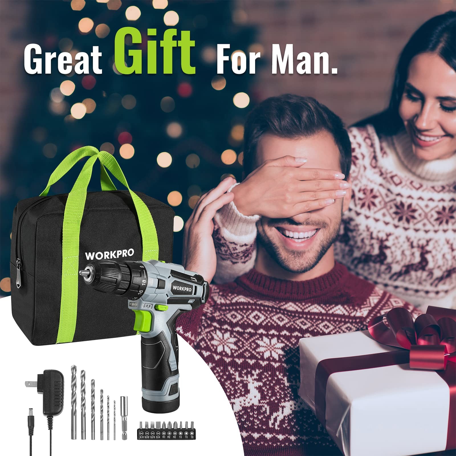 WORKPRO Cordless Drill Driver Kit, 12V Electric Screwdriver Tool Green