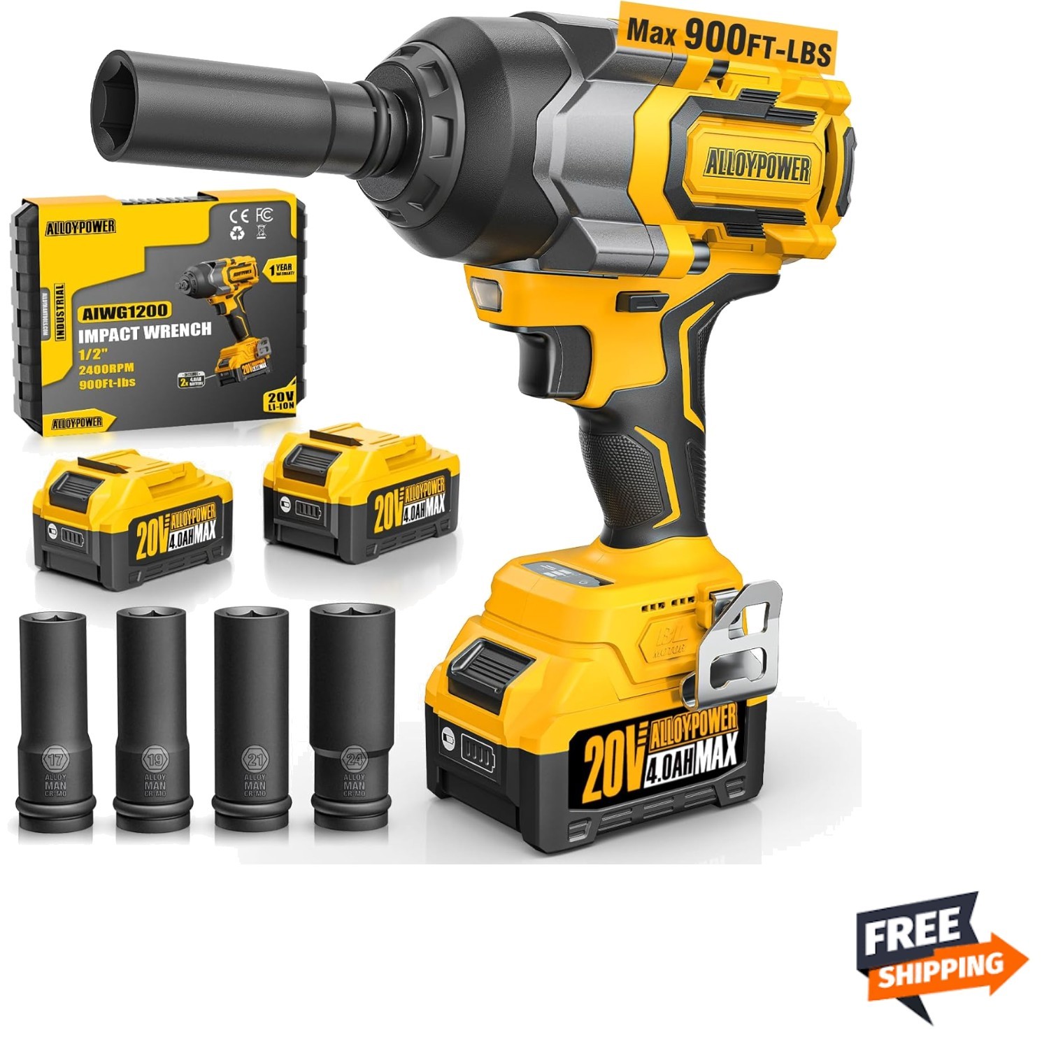 Cordless Impact Wrench, 900Ft-lbs 1200N.m 1/2&Prime; Brushless Impact Gun, 20V High…