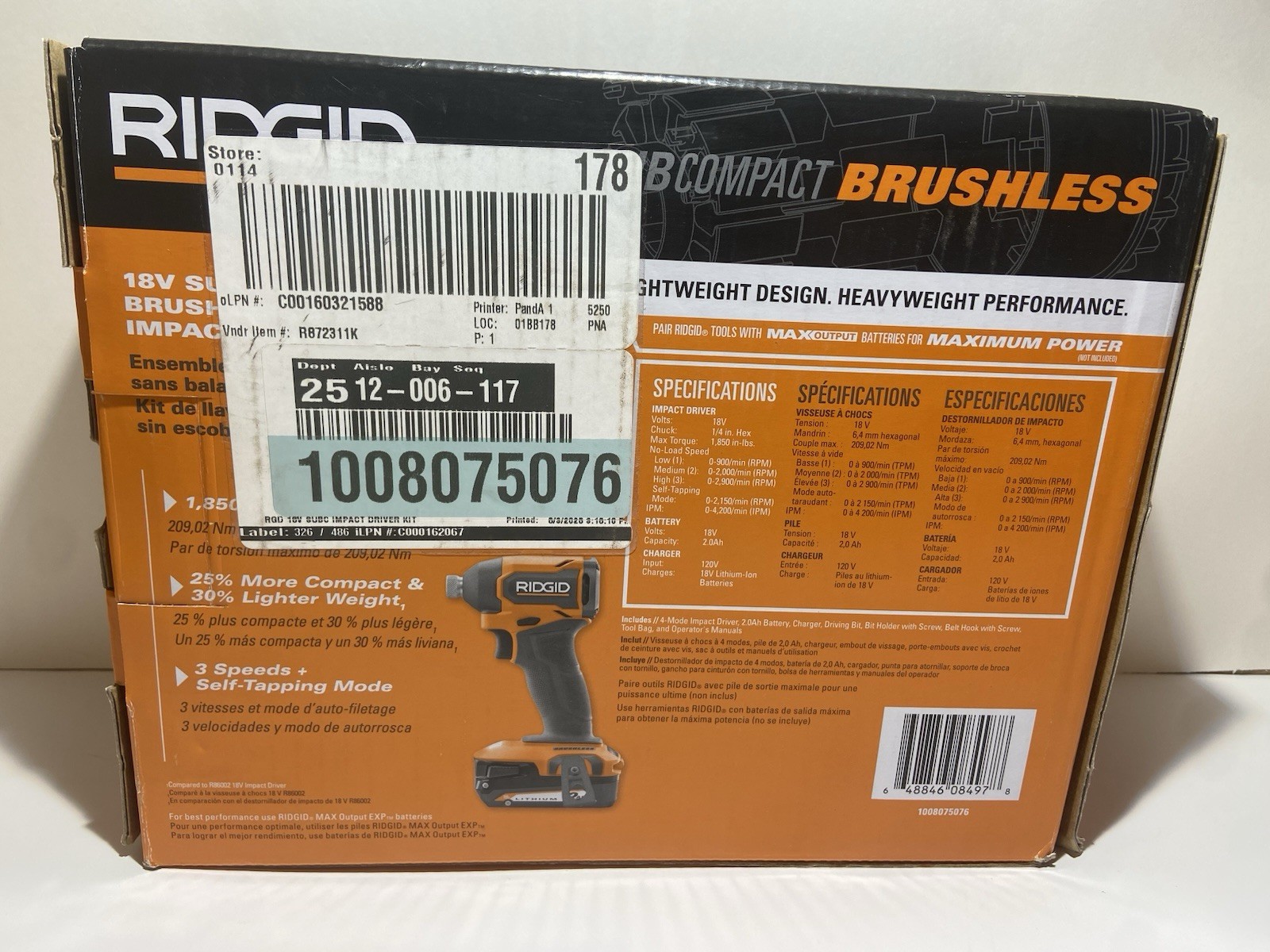 New Ridgid SubCompact Brushless 18V 4Mode IMPACT DRIVER KIT R872311k