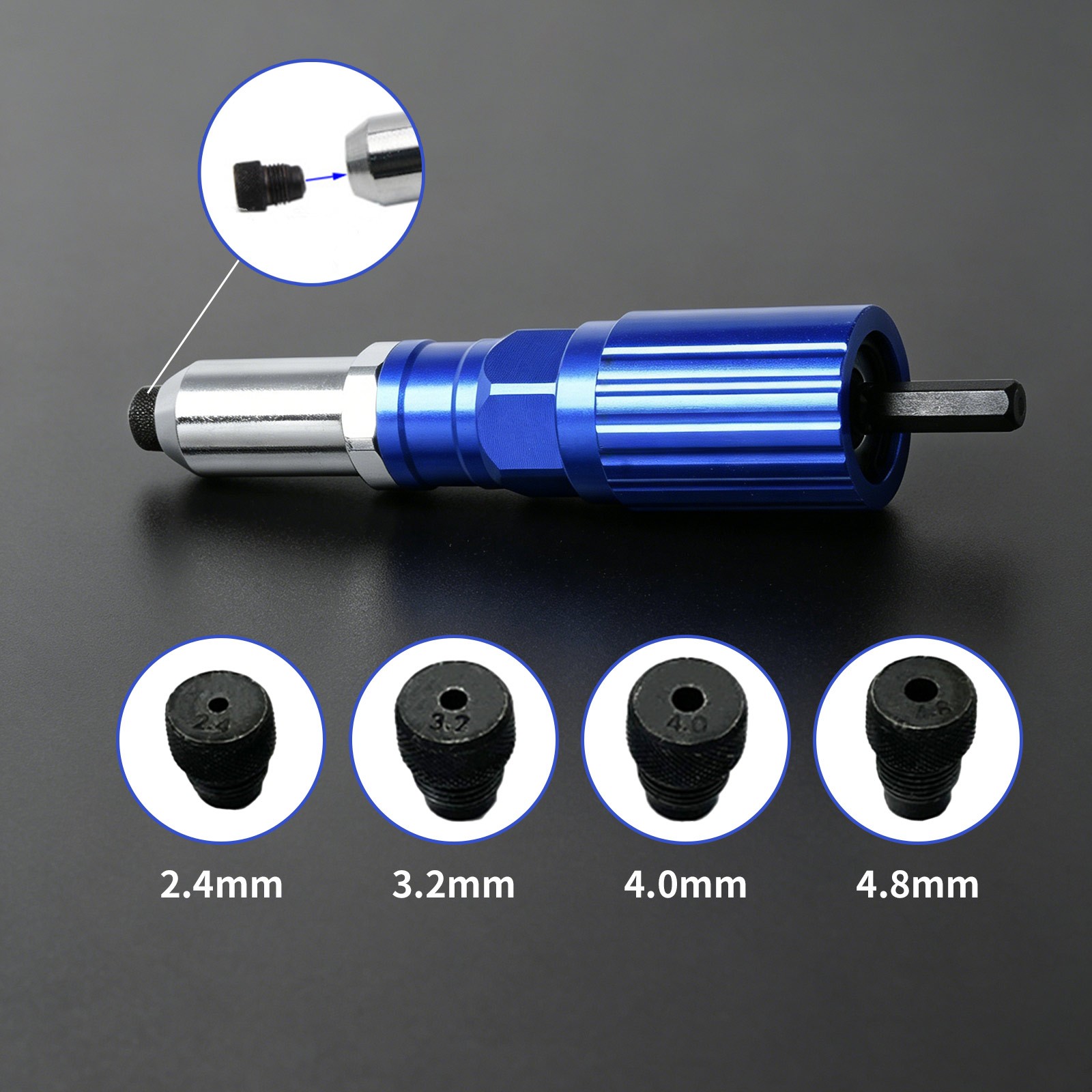 Automotive HVAC Metal Electric Drill Rivet Gun Adapter 4 Sizes 1/4 Hex Shank