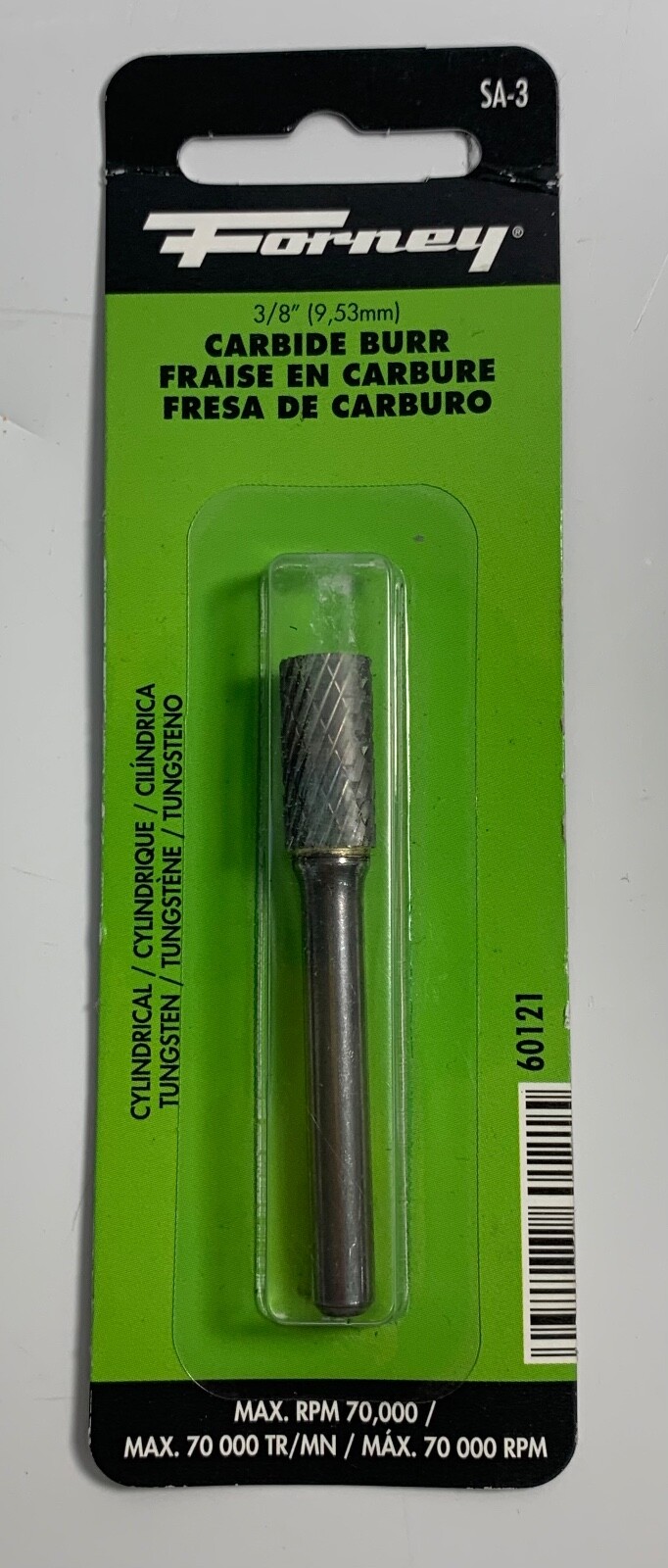 Forney 60121 Tungsten Carbide Burr with 1/4-Inch Shank, Cylindrical, 3/8-Inch