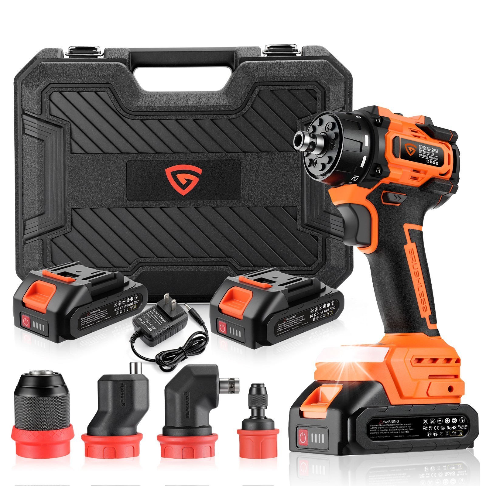21V Cordless Impact Wrench High Torque 1/2&Prime; Brushless Drill with 2×2.0Ah Battery