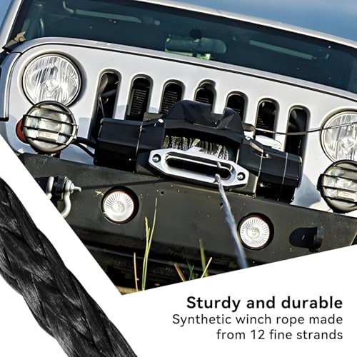 1/4 » x 50 Ft Car Synthetic Winch Rope Kit, 10,000LBs Winch Cable Line Black