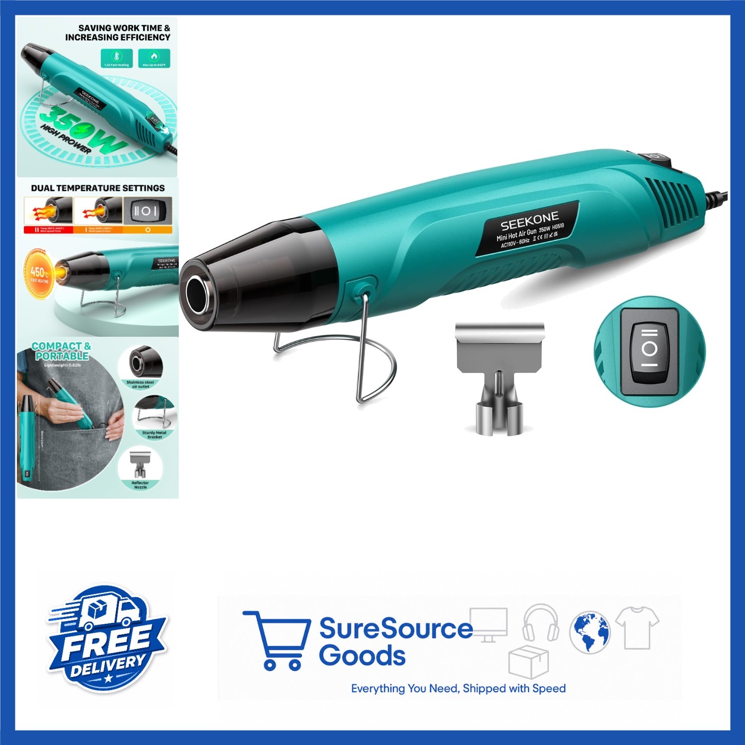 Dual-Temp Mini Heat Gun 350W for 3D Printing & Crafting with Safety Features