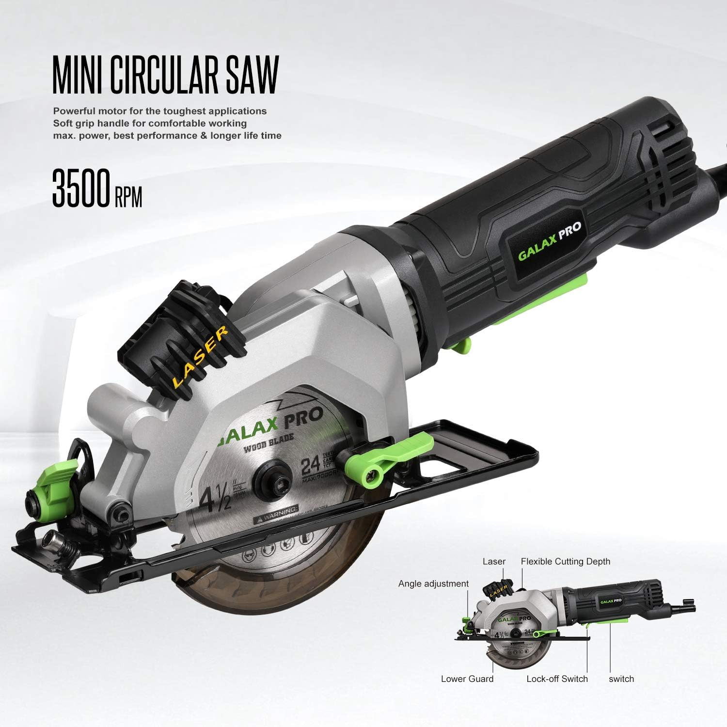 4Amp 3500RPM Circular Saw with Laser Guide, Max. Cutting Depth1-11/16&Prime;(90°), 1-1