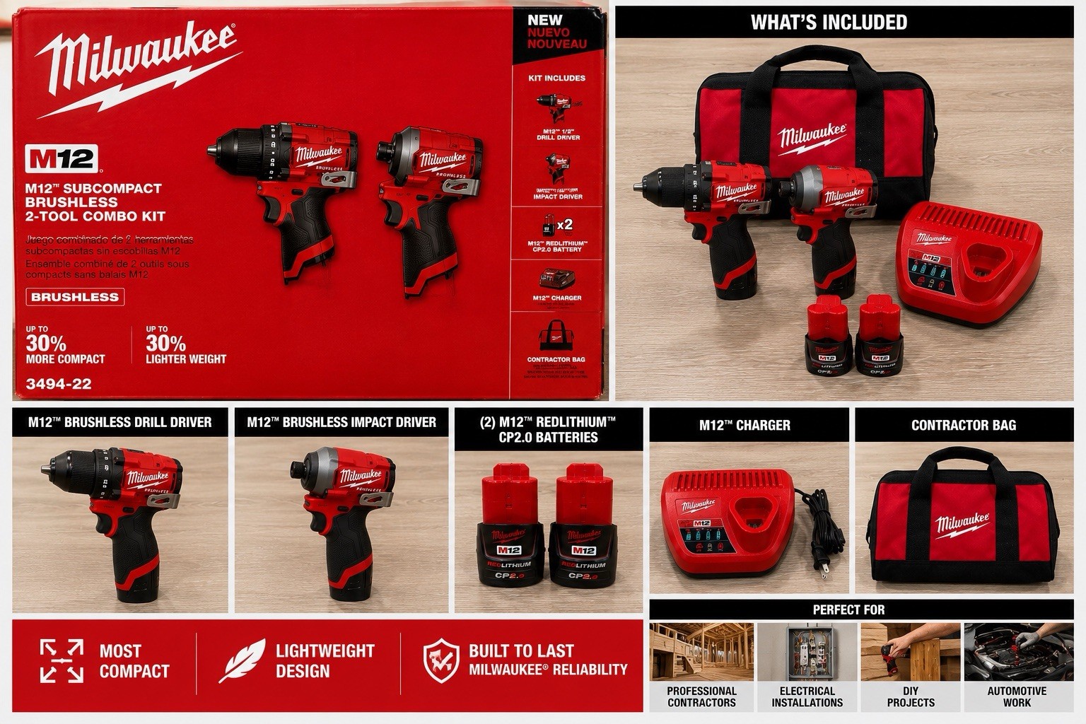 Milwaukee M12 Brushless Subcompact 2-Tool Combo Kit 3494-22 Drill Impact Driver
