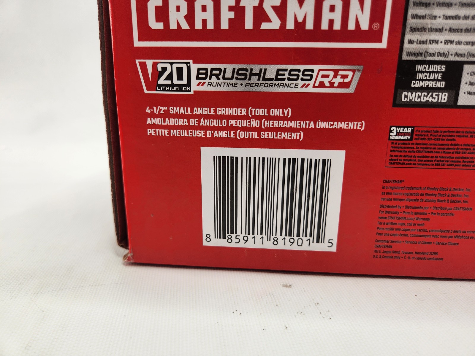 Craftsman CMCG451B V20 RP 4.5&Prime; Paddle Switch Brushless Cordless Angle Grinder