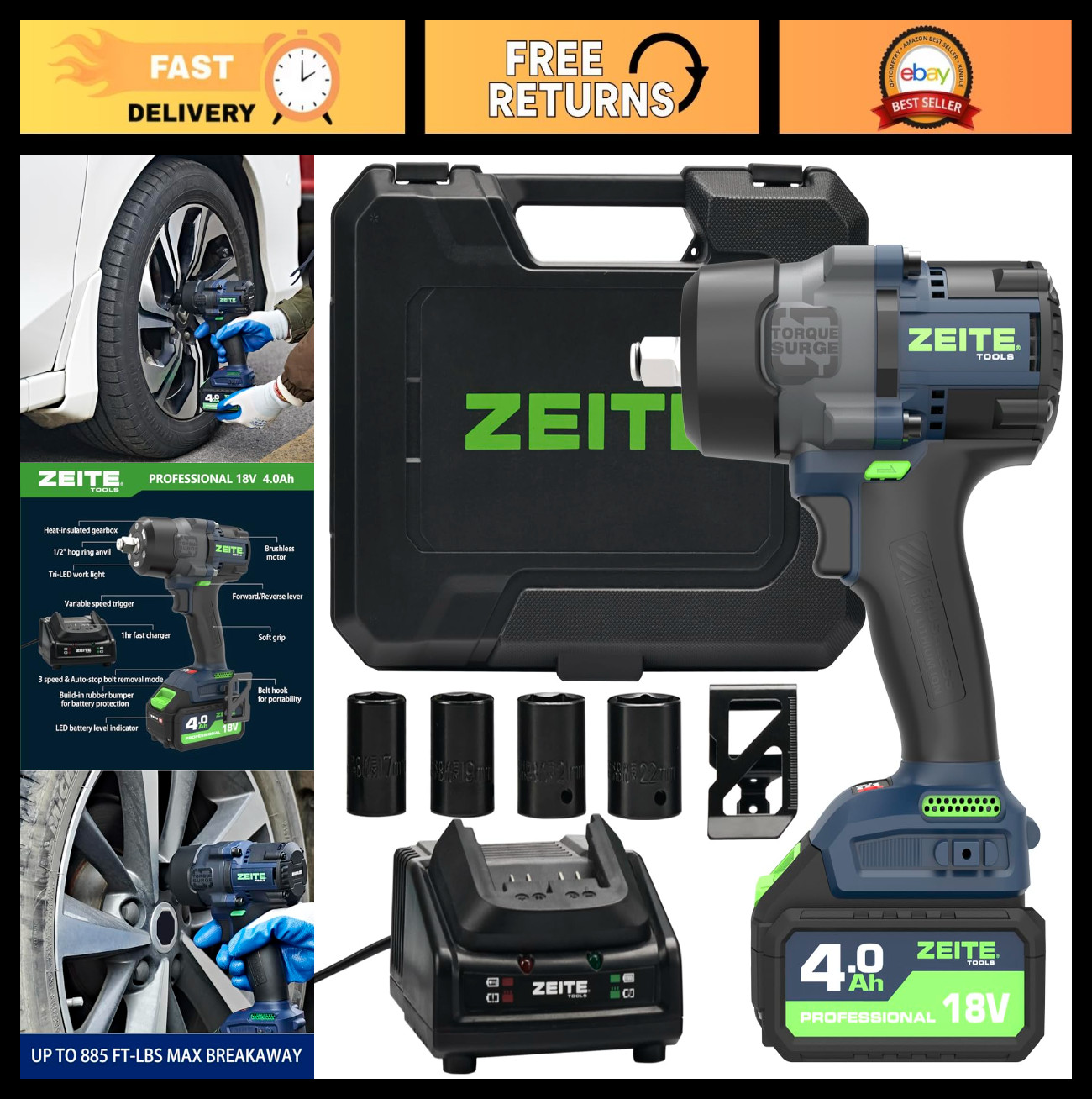 18V Cordless Impact Wrench Kit, 885 Ft-lbs Torque, Brushless Motor, 4 Sockets, B