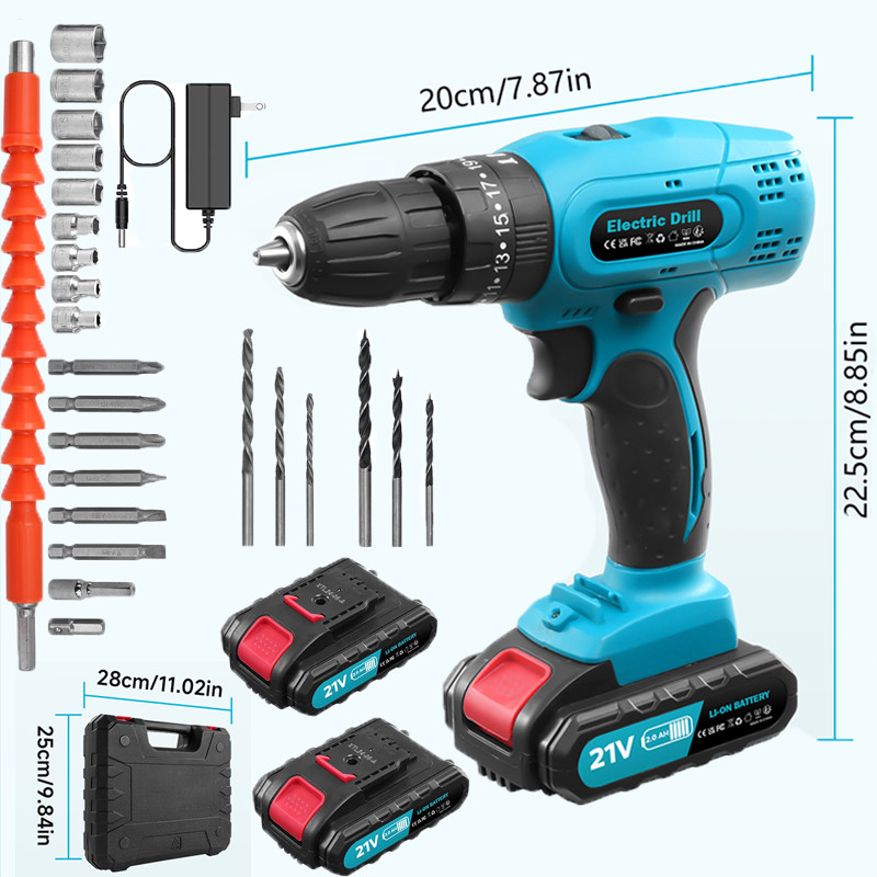 21V Cordless Drill Screwdriver Battery Driver Electric W/ 2 Batteries
