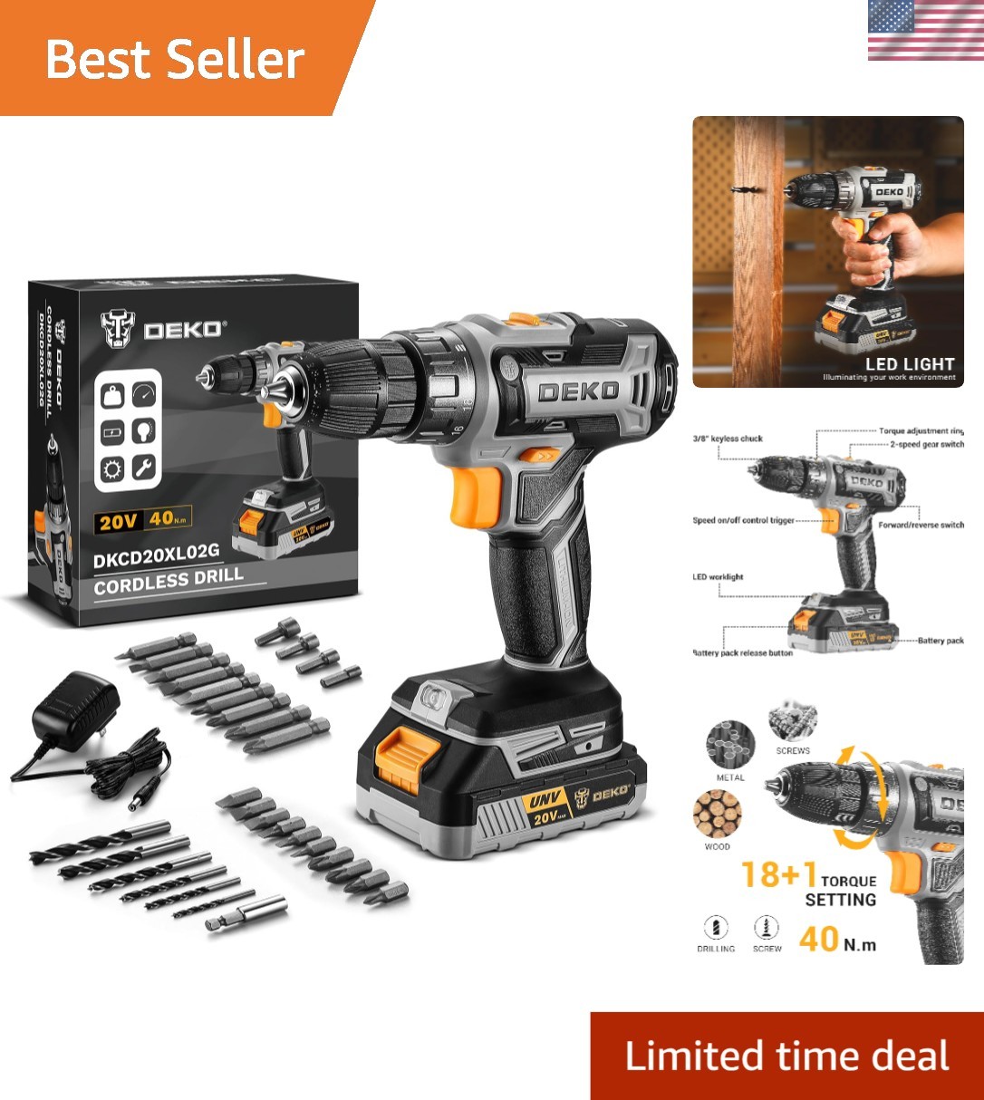 Versatile 20V Cordless Drill Kit with Rechargeable Battery & Drill Bits Included