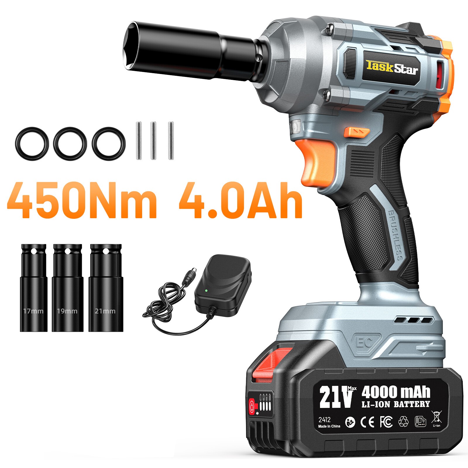 TaskStar 1/2&Prime; Cordless Impact Wrench 450N.m Brushless 2800RPM 4.0Ah Battery