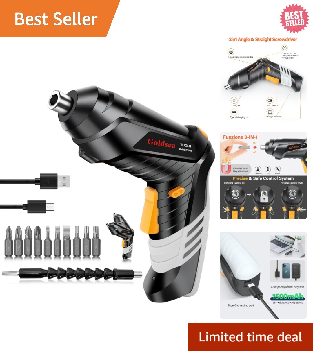 1500mAh Lithium Electric Screwdriver with LED Light & 90°/180° Adjustable Design