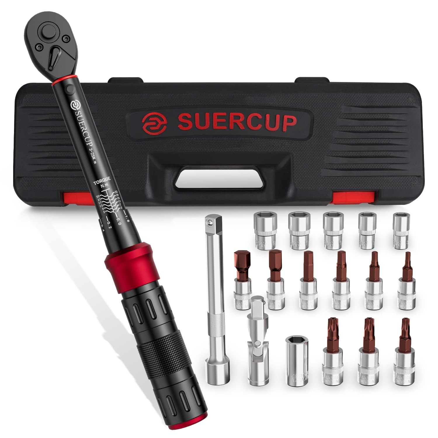 SUERCUP 1/4-Inch Drive Click Torque Wrench, 18 PCS 1/4&Prime; 3-25N.m 18PCS, Black