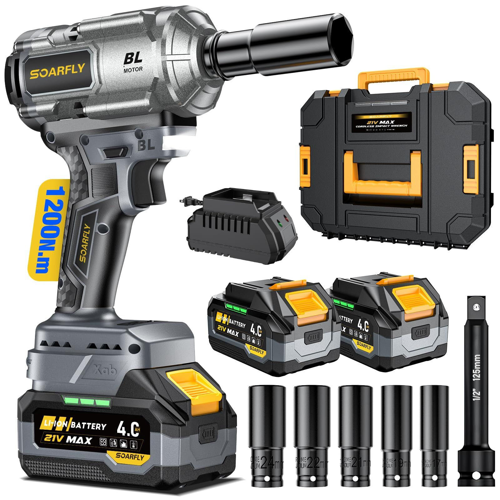 SOARFLY Upgraded Cordless Impact Wrench 1/2&Prime;, 900 900Ft-lbs (1200N.m), Gray