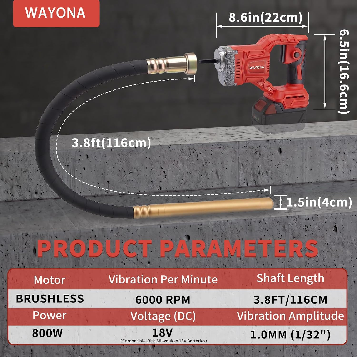 Cordless Concrete Vibrating Tool Compatible with Milwaukee 18V Battery (No Batte