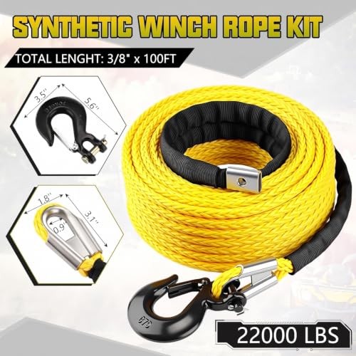 3/8&Prime; x 100 ft Synthetic Winch Rope Cable Kit, 22000lbs | 3/8&Prime; X 100 ft Yellow