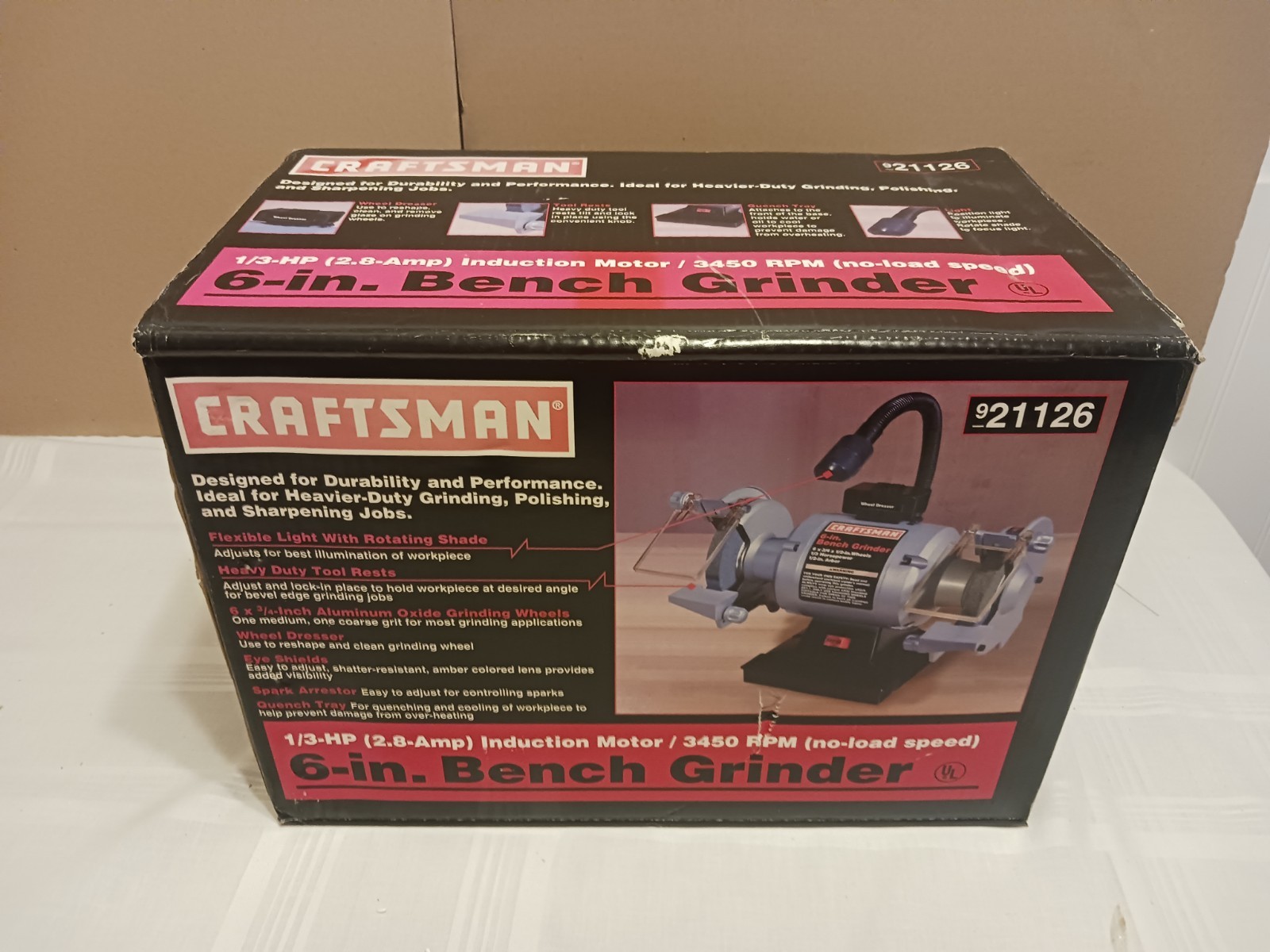 NOS SEARS Craftsman 1/3 HP 6-in. Bench Grinder 2.8 Amps 3450 RPM Sealed 21126