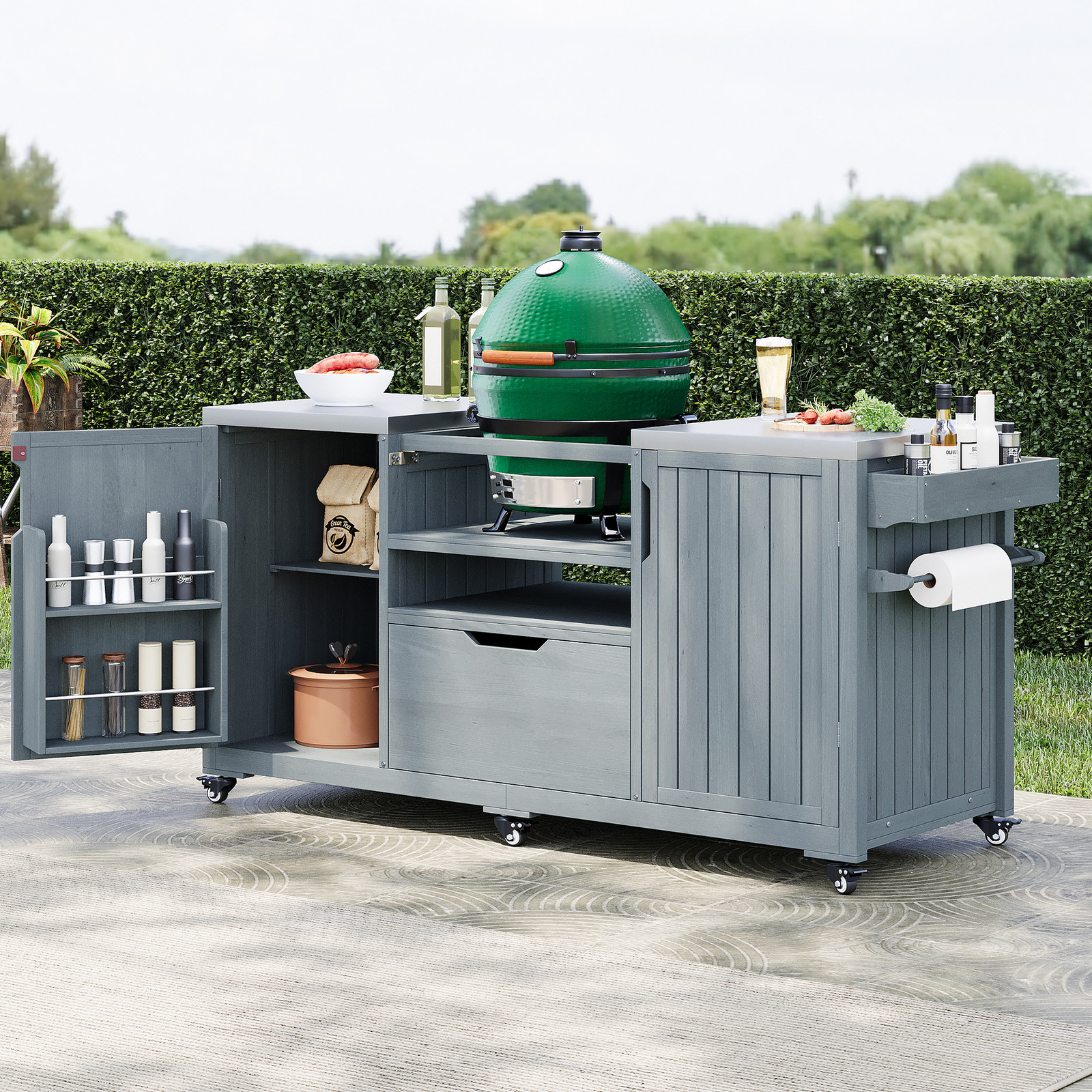 66.5&Prime; Outdoor Kitchen Island for Big Green Egg Grill – Wood & Stainless Steel