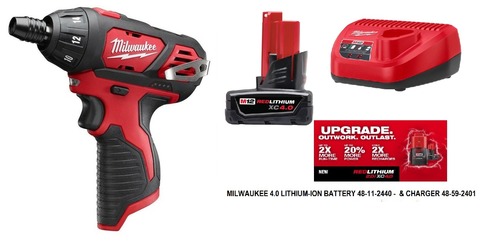 New Milwaukee M12 2401-20 1/4 inch Cordless Hex Screwdriver,4.0a/h Battery/ Chg