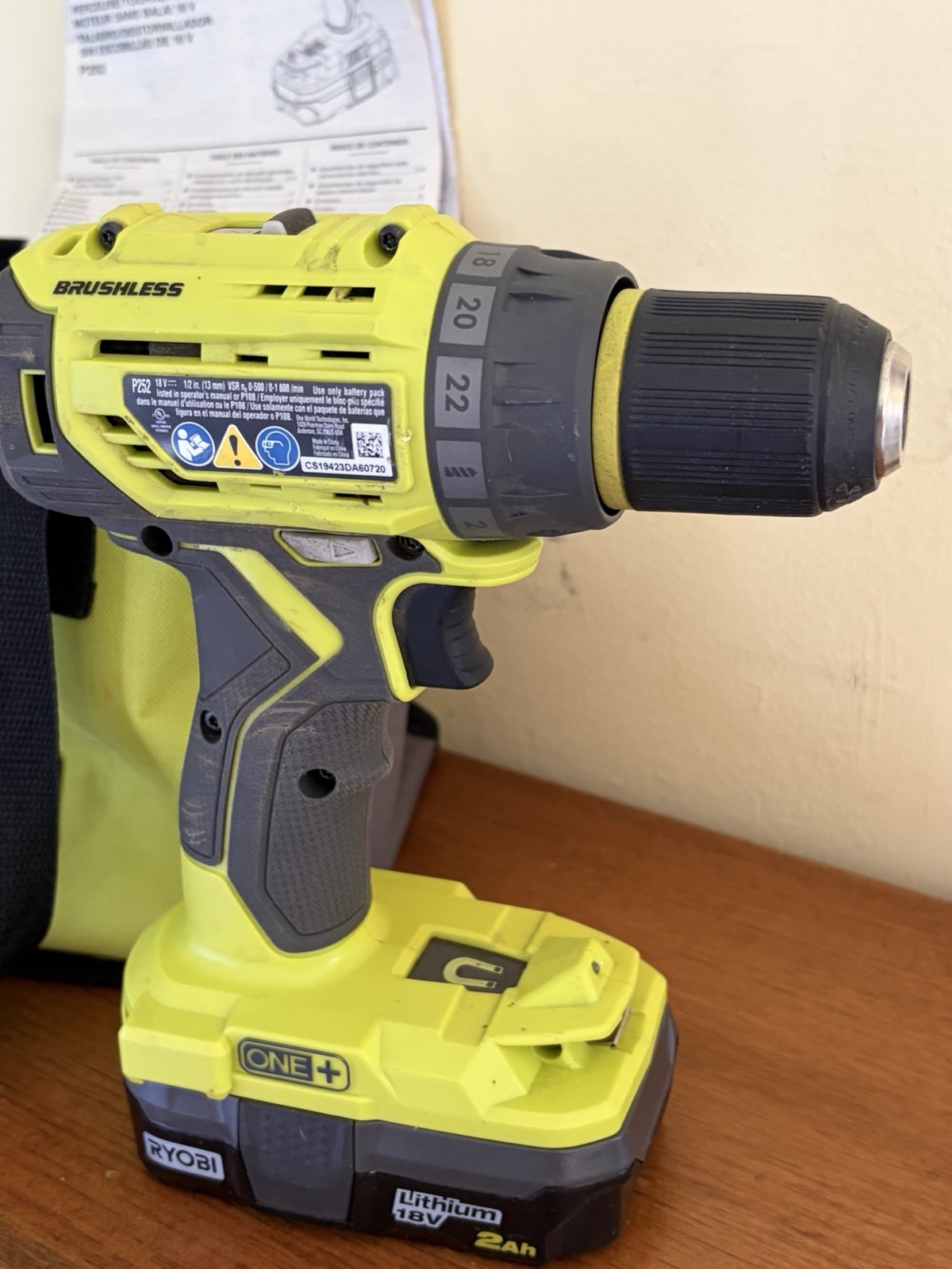 RYOBI P252 Lithium 18V Brushless 1/2 in Drill w/ Battery No Charger
