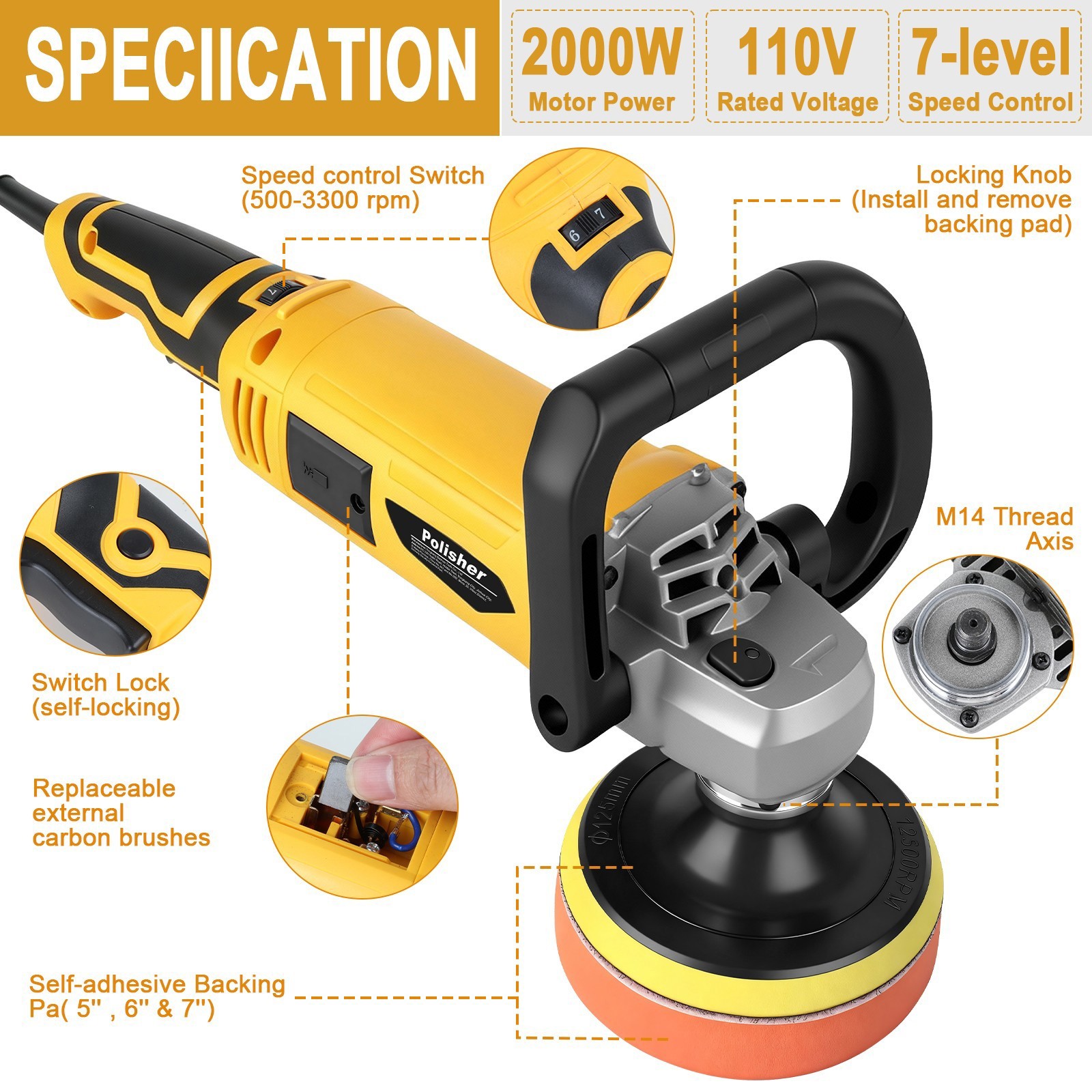 ✅1000W/2000W Car Polisher Buffer Sander 5&Prime;6&Prime;7&Prime; Pad Variable 7-Speed Professional