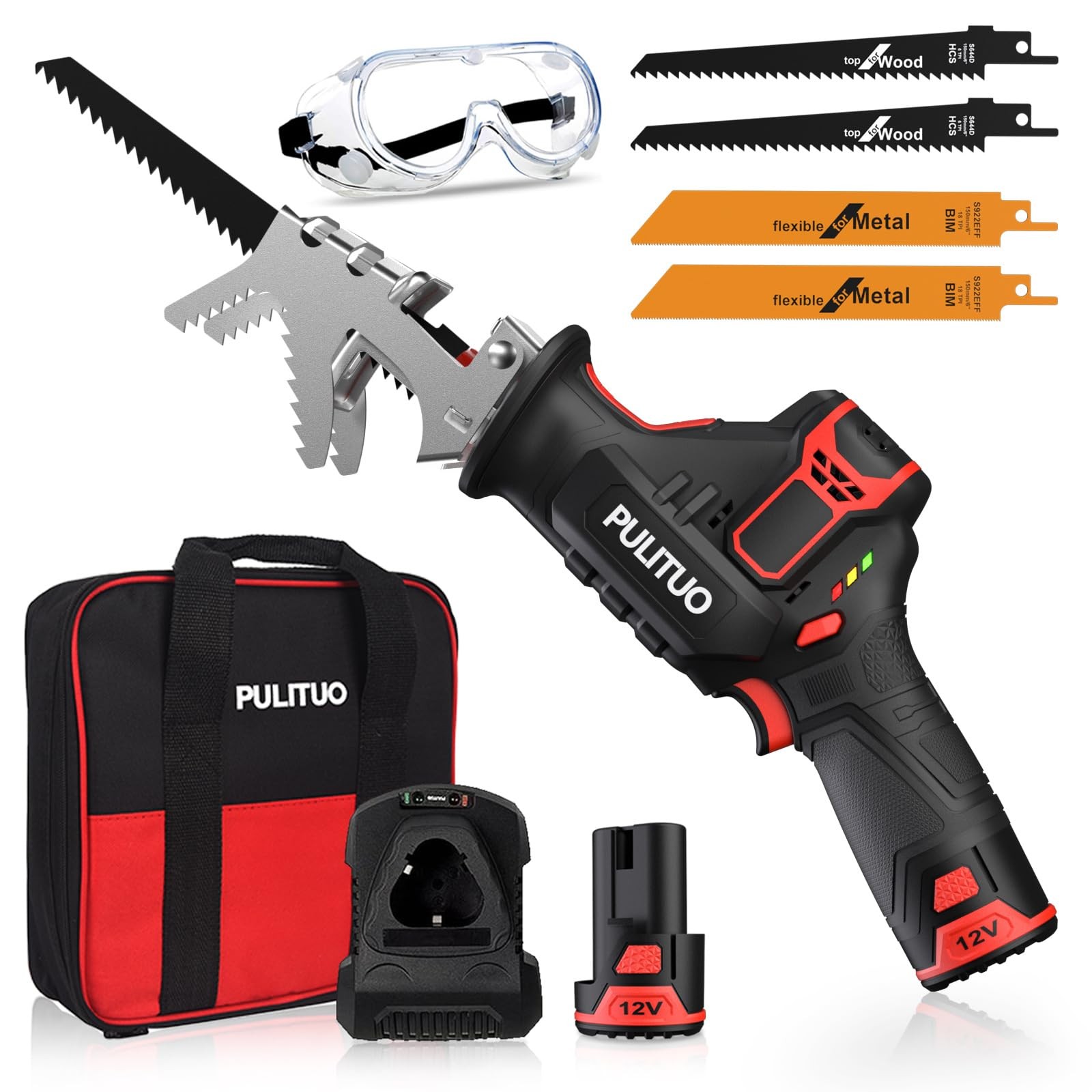 PULITUO Cordless Reciprocating Saw, Speed 3000SPM，with Clamping Jaw, 2000 mAh…