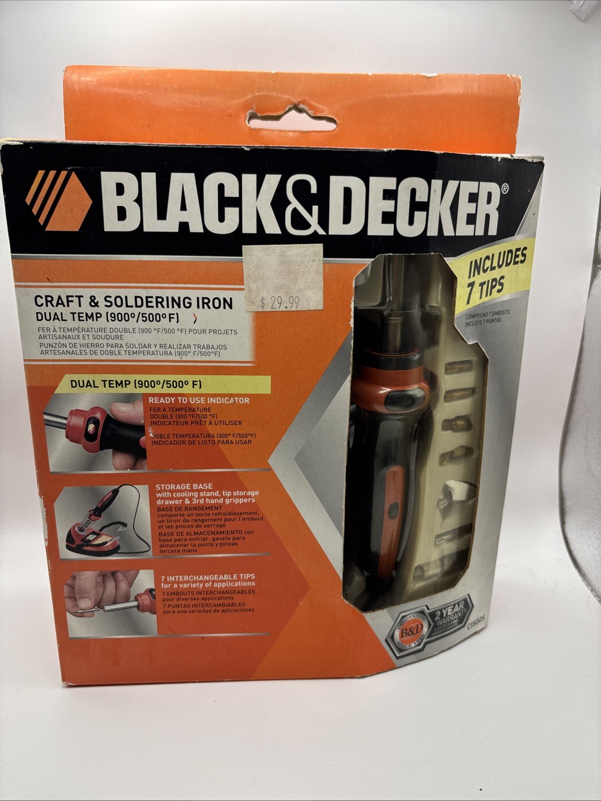 Black & Decker Craft & Soldering Iron Dual Temp 900/500 w/7 Tips/Base C15005 NOS