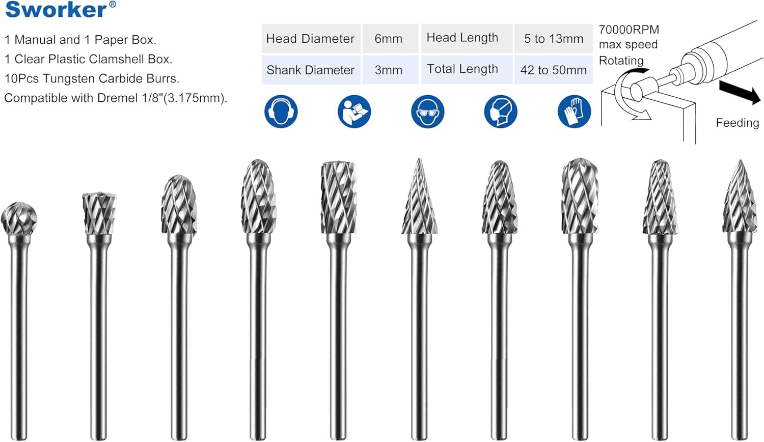 10 Pcs Carbide Burr Set 1/8&Prime; Shank Compatible with Dremel Milwaukee