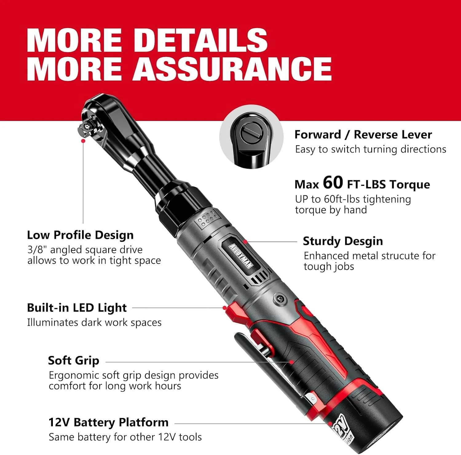 Alloyman 3/8&Prime; Cordless Ratchet Wrench, 60 FT-LBS(80N.M), 12V Extended Reach | 5.