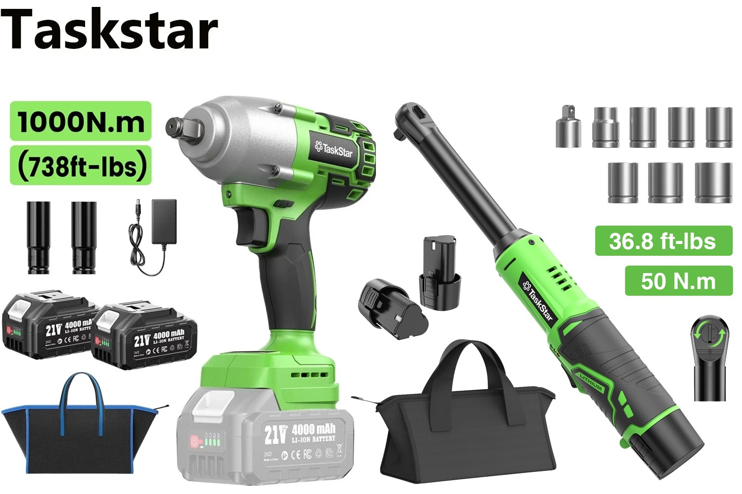 1000Nm Cordless Impact Wrench 1/2&Prime; Brushless 50Nm 3/8&Prime; Ratchet Gun Combo kit